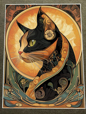 Listing image for Black and Tan Cat Art Nouveau Style Sun Halo Poster 18x24in